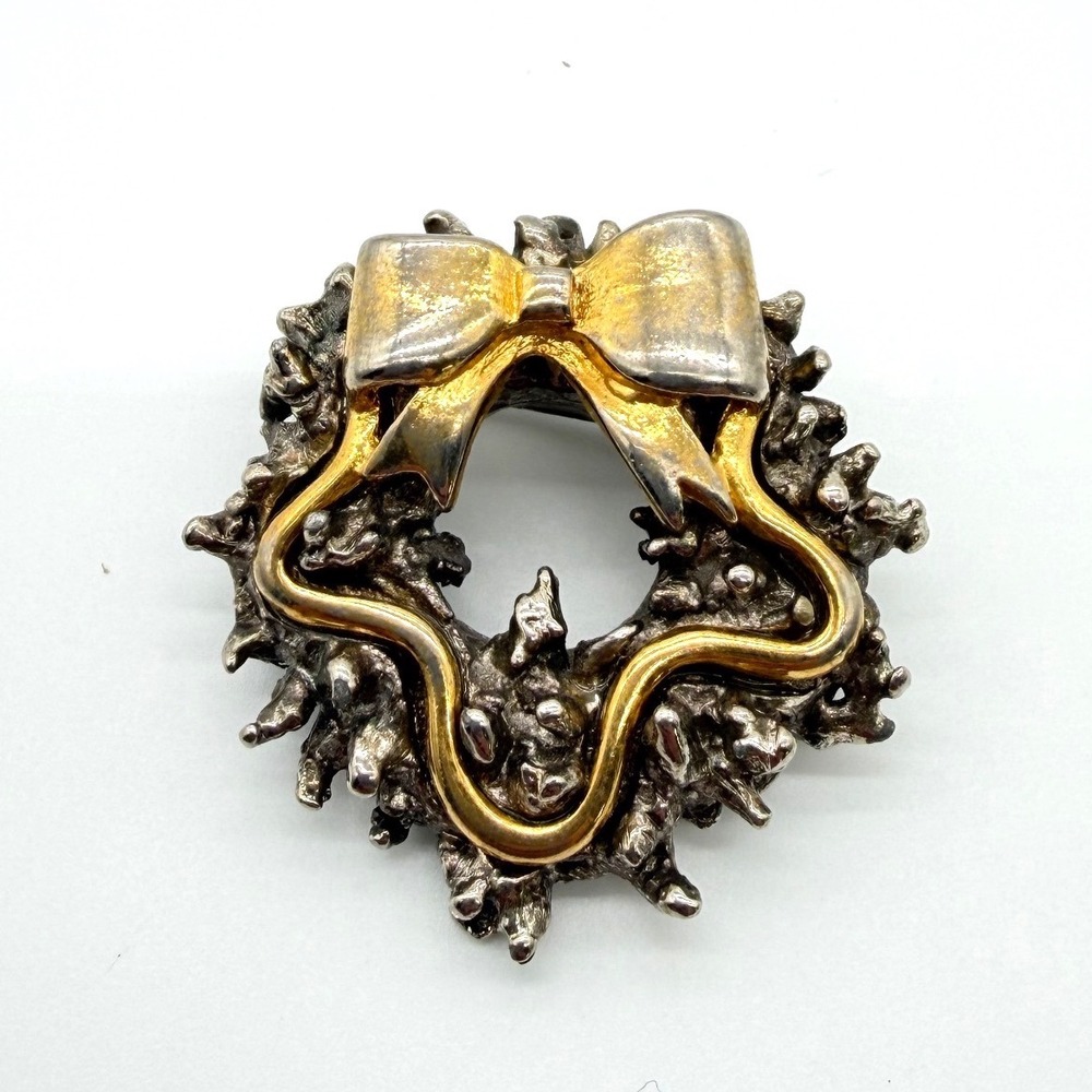 Raffine Vintage Christmas Wreath Brooch Pin Two Tone Gold Silver Bow Holiday